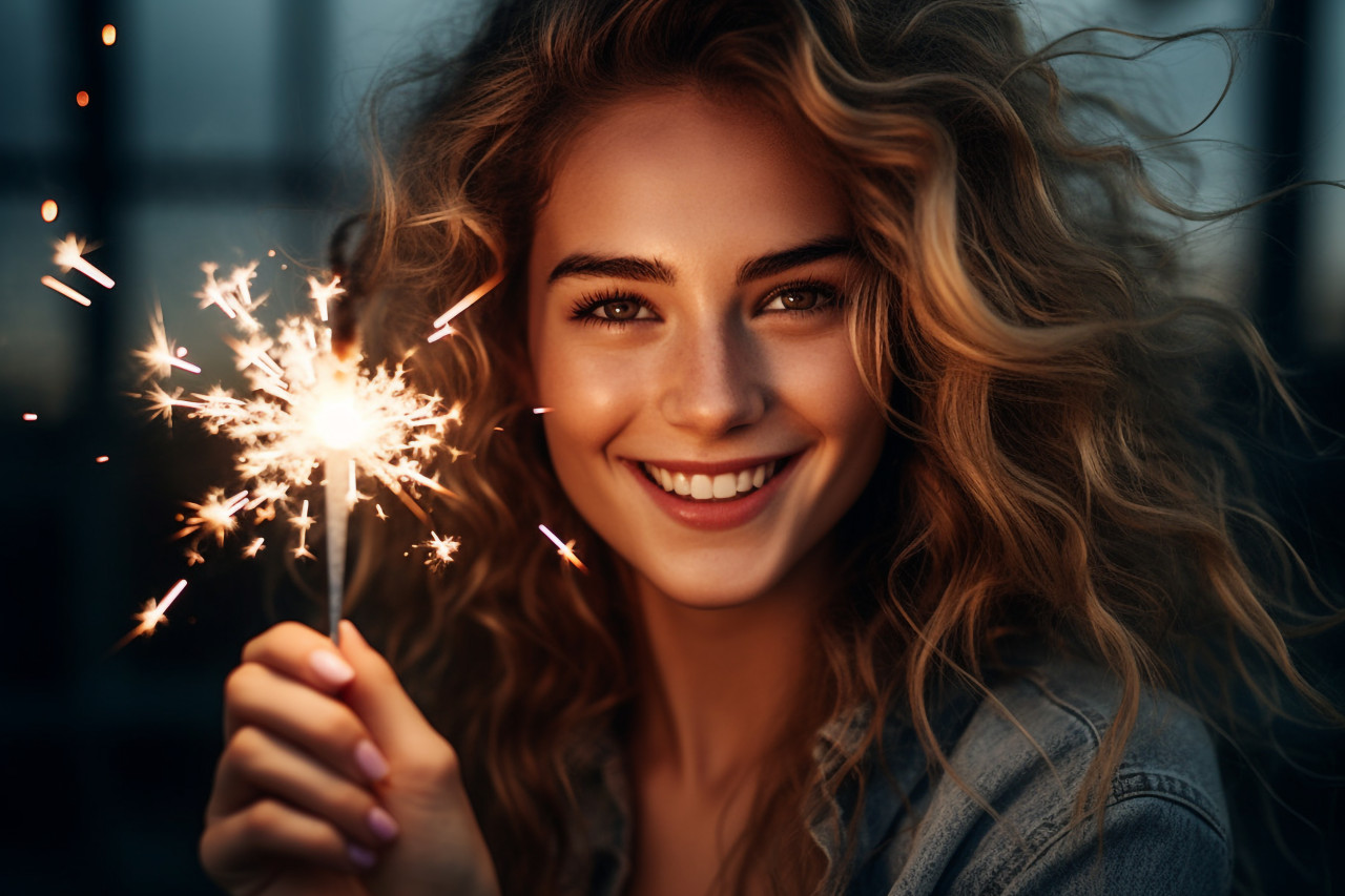Joyful woman holds sparkler