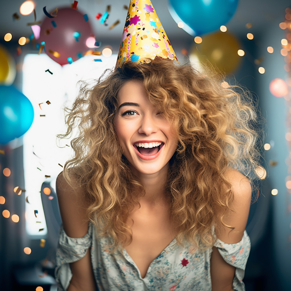 Excited woman in festive hat ready for fun party