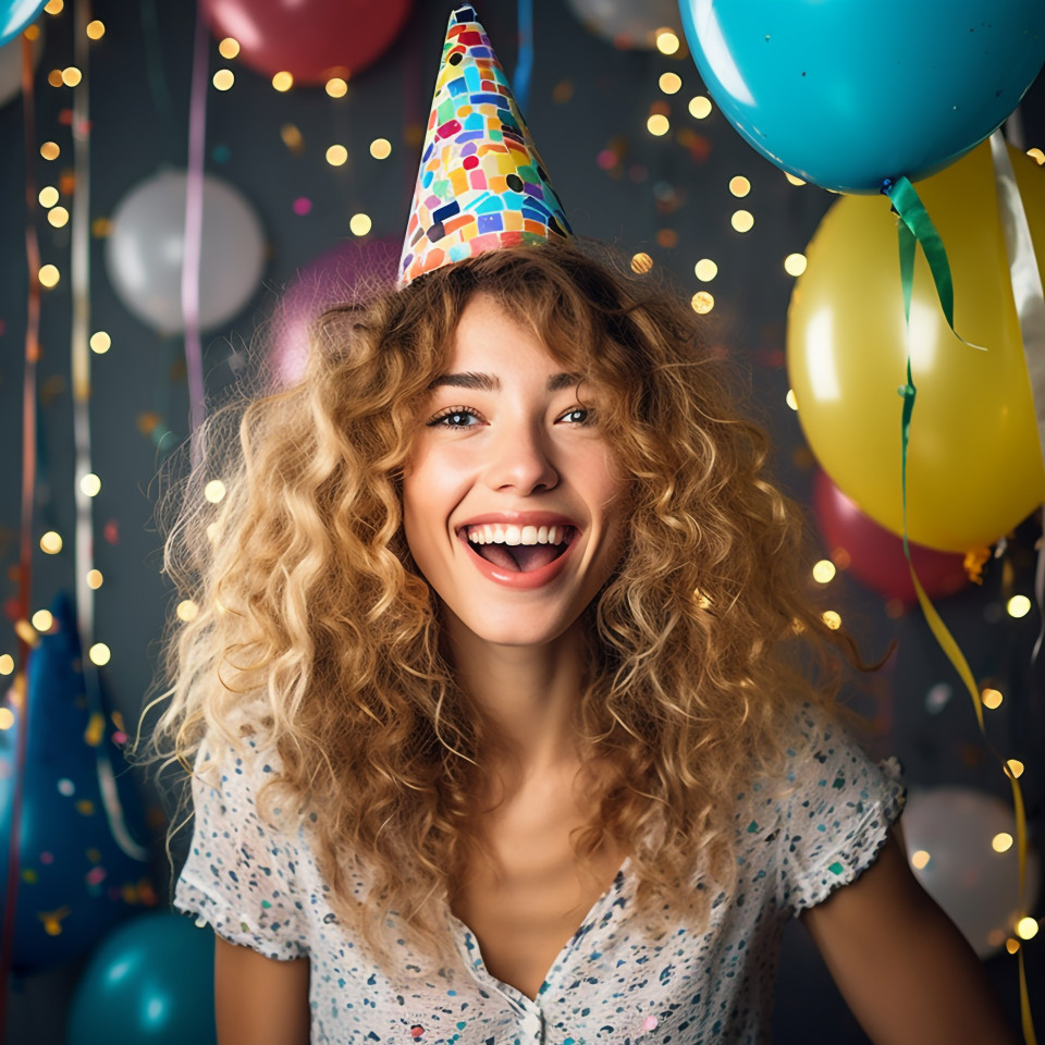 Excited woman in festive hat ready for fun party