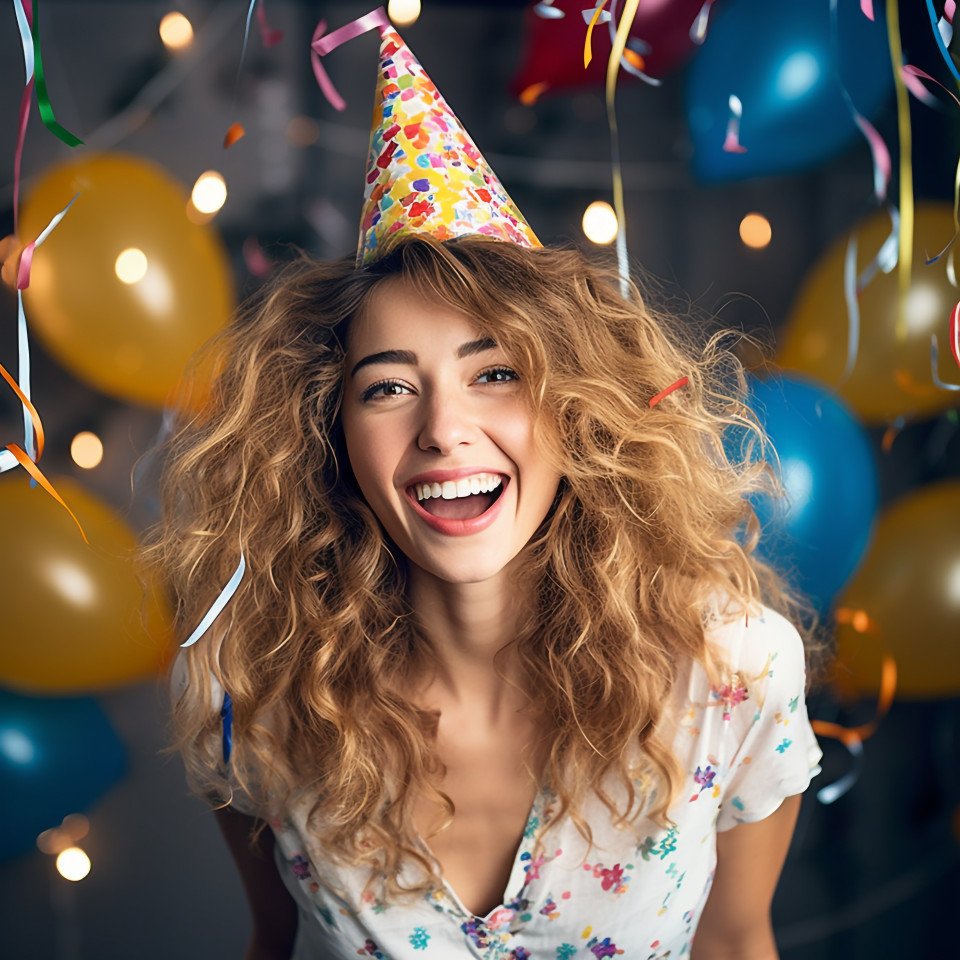 Excited woman in festive hat ready for fun party