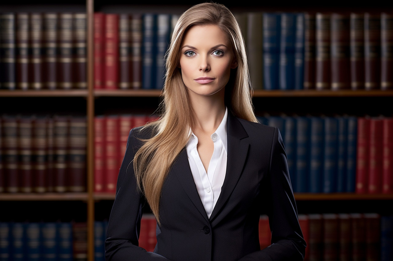 Knowledgeable female lawyer poses beside a comprehensive law library