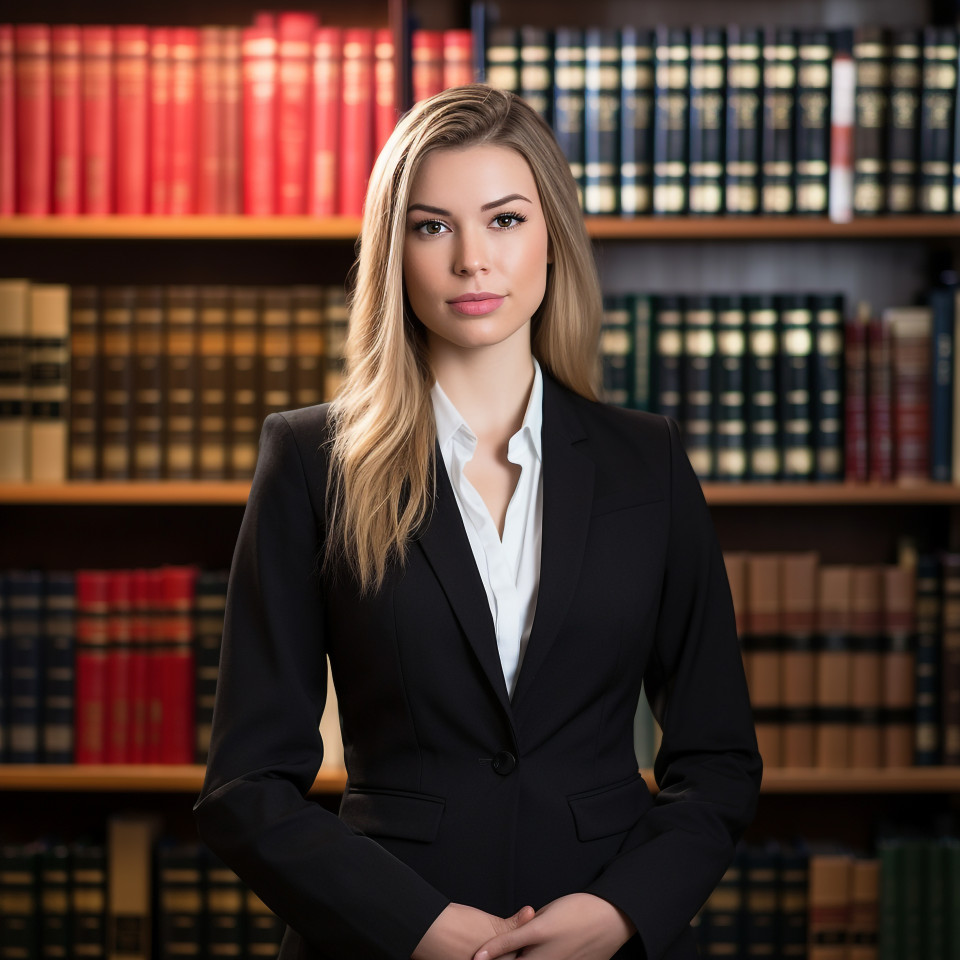 Knowledgeable female lawyer poses beside a comprehensive law library
