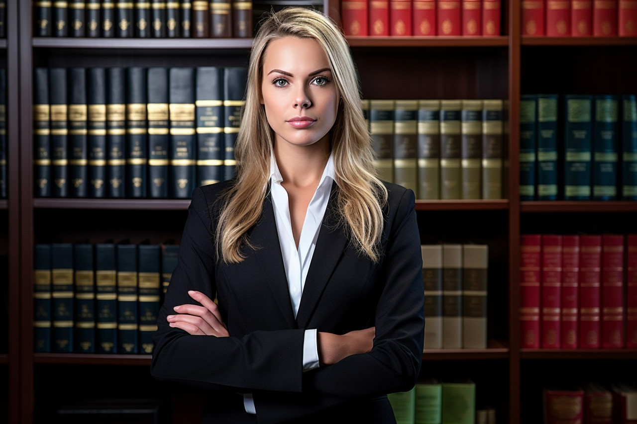 Knowledgeable female lawyer poses beside a comprehensive law library