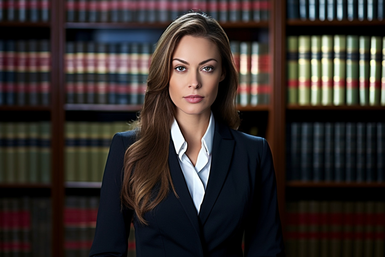 Knowledgeable female lawyer poses beside a comprehensive law library