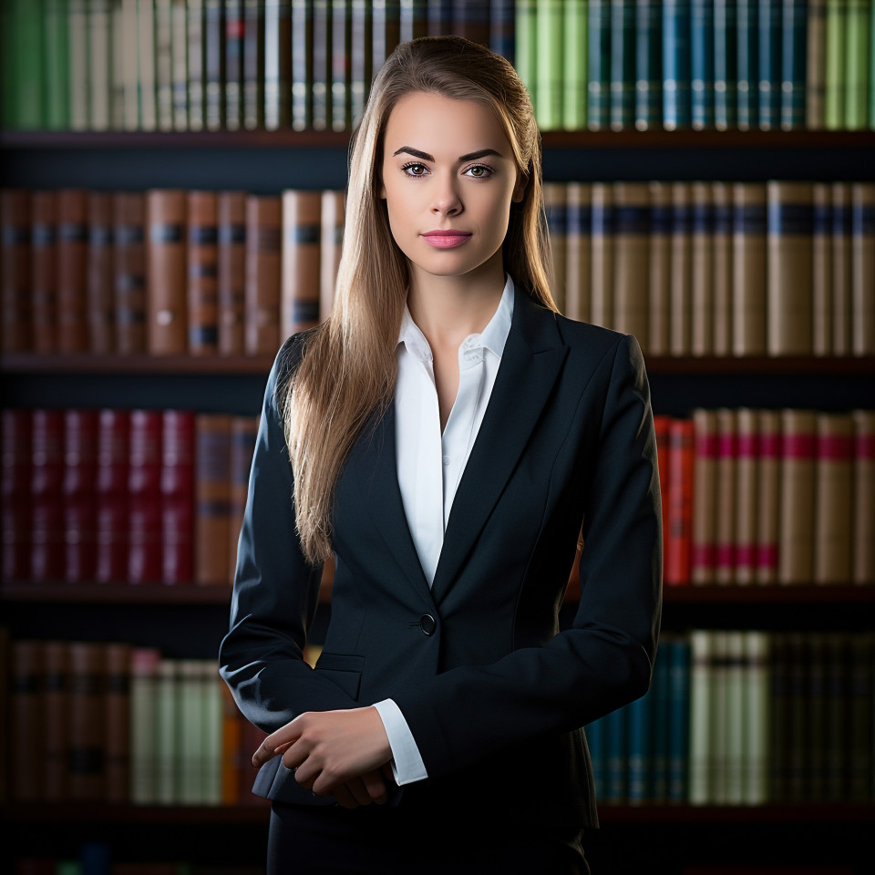 Knowledgeable female lawyer poses beside a comprehensive law library