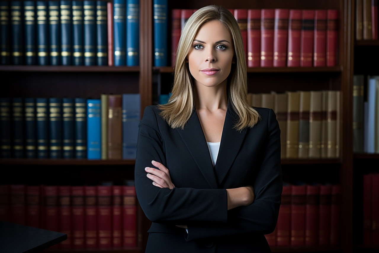 Knowledgeable female lawyer poses beside a comprehensive law library