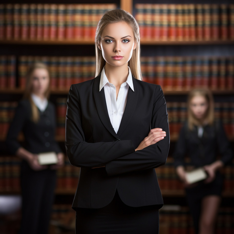 Confident female lawyer posing with legal books and symbols