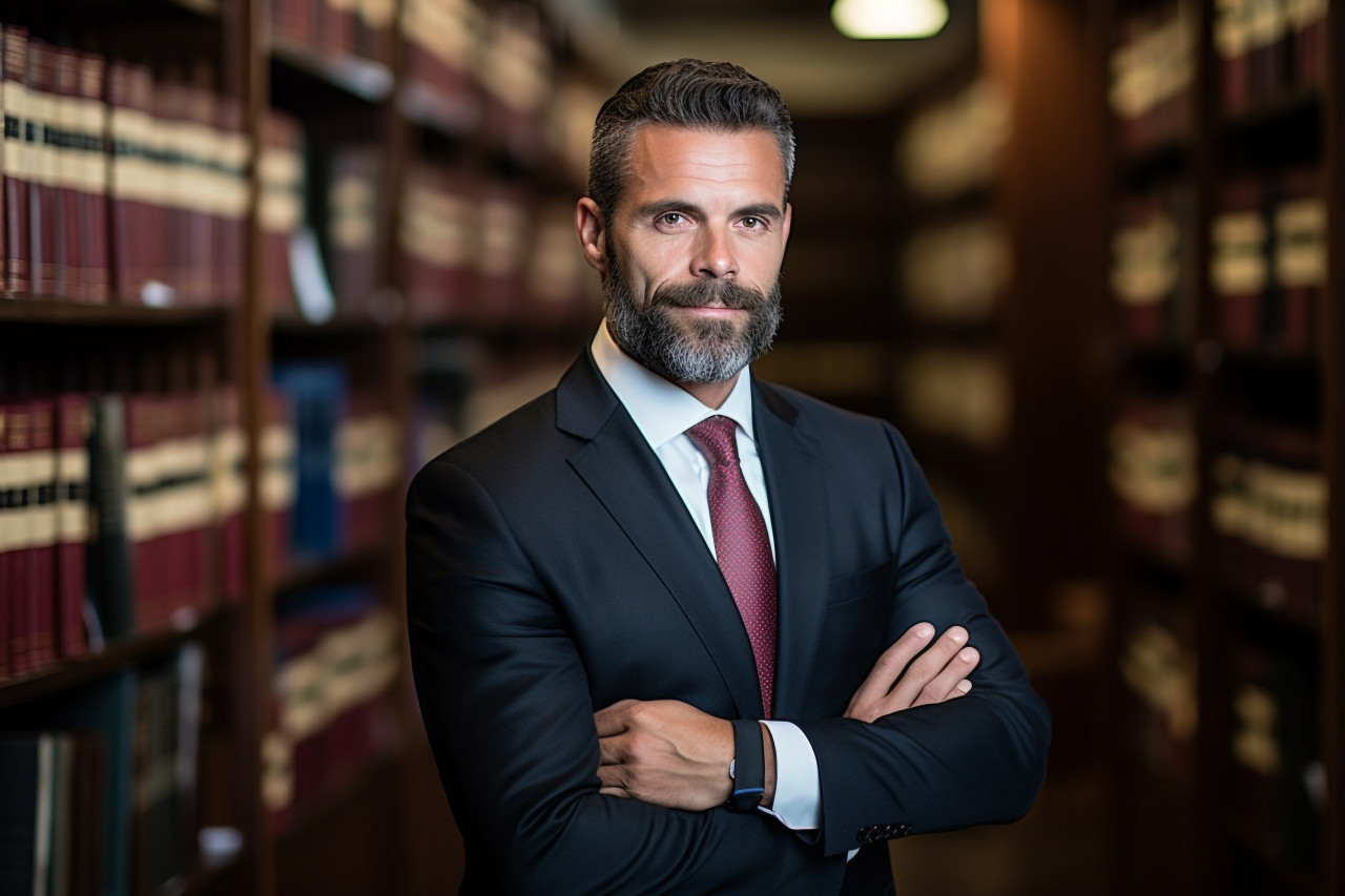 Experienced lawyer at law library researching with books