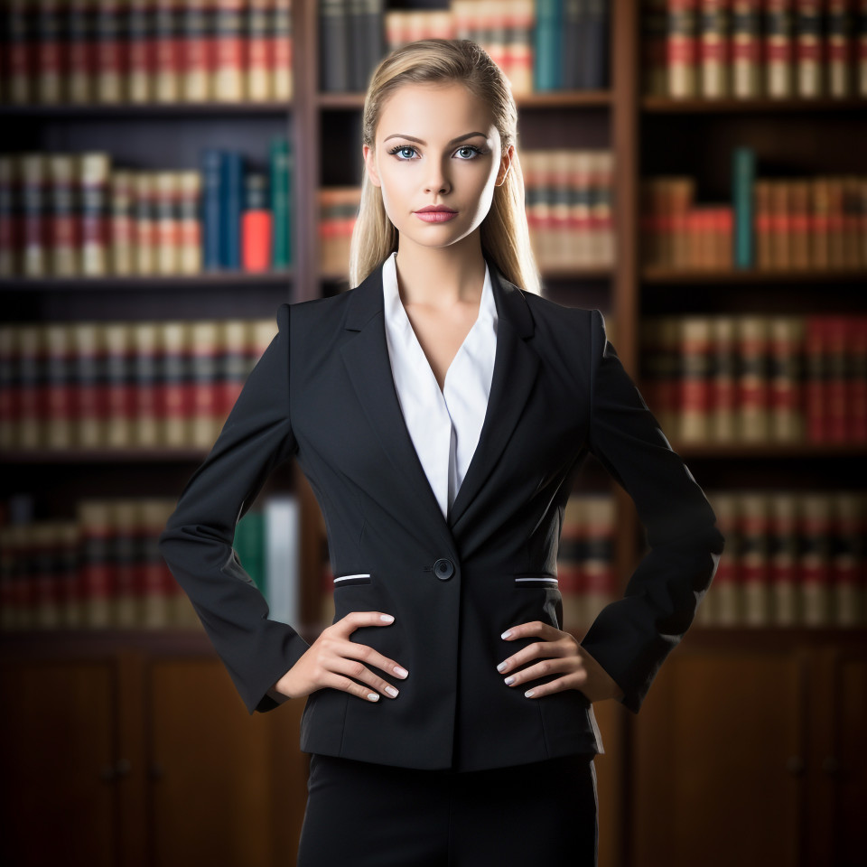 Confident female lawyer posing with legal books and symbols