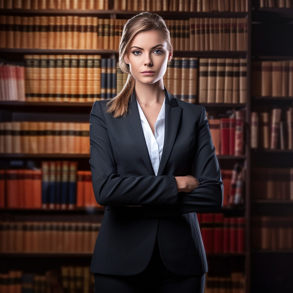 Confident female lawyer posing with legal books and symbols