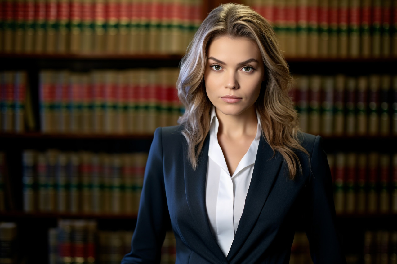 Sophisticated female attorney researching in a legal library