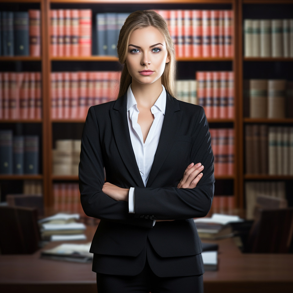 Confident female lawyer posing with legal books and symbols