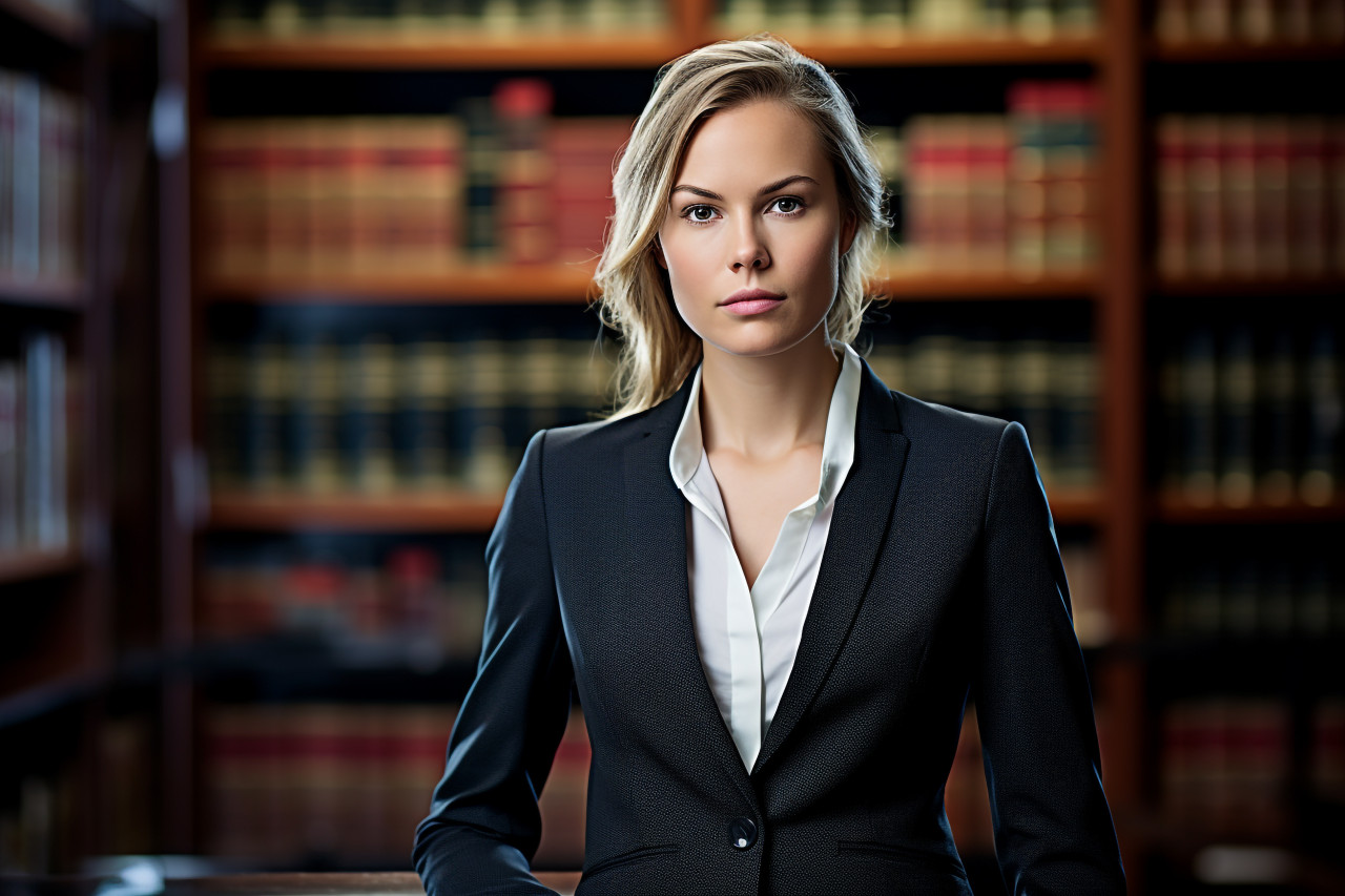 Sophisticated female attorney researching in a legal library