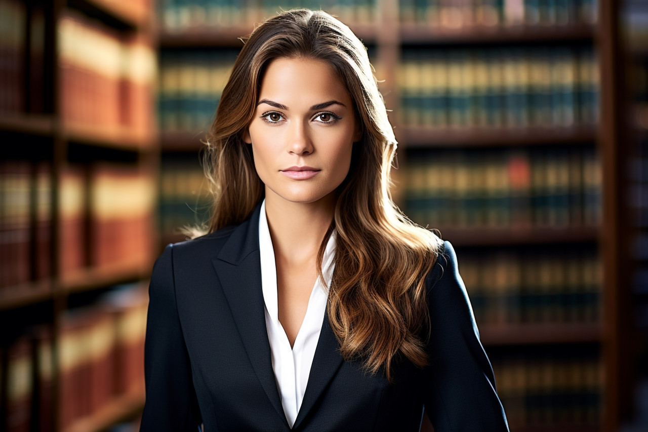Sophisticated female attorney researching in a legal library