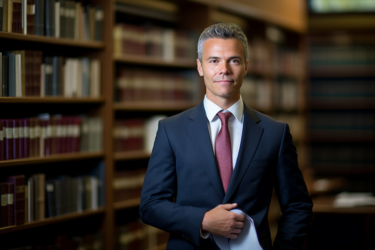 Experienced lawyer at law library researching with books