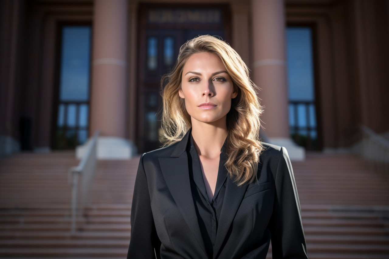 Woman lawyer stands before courthouse