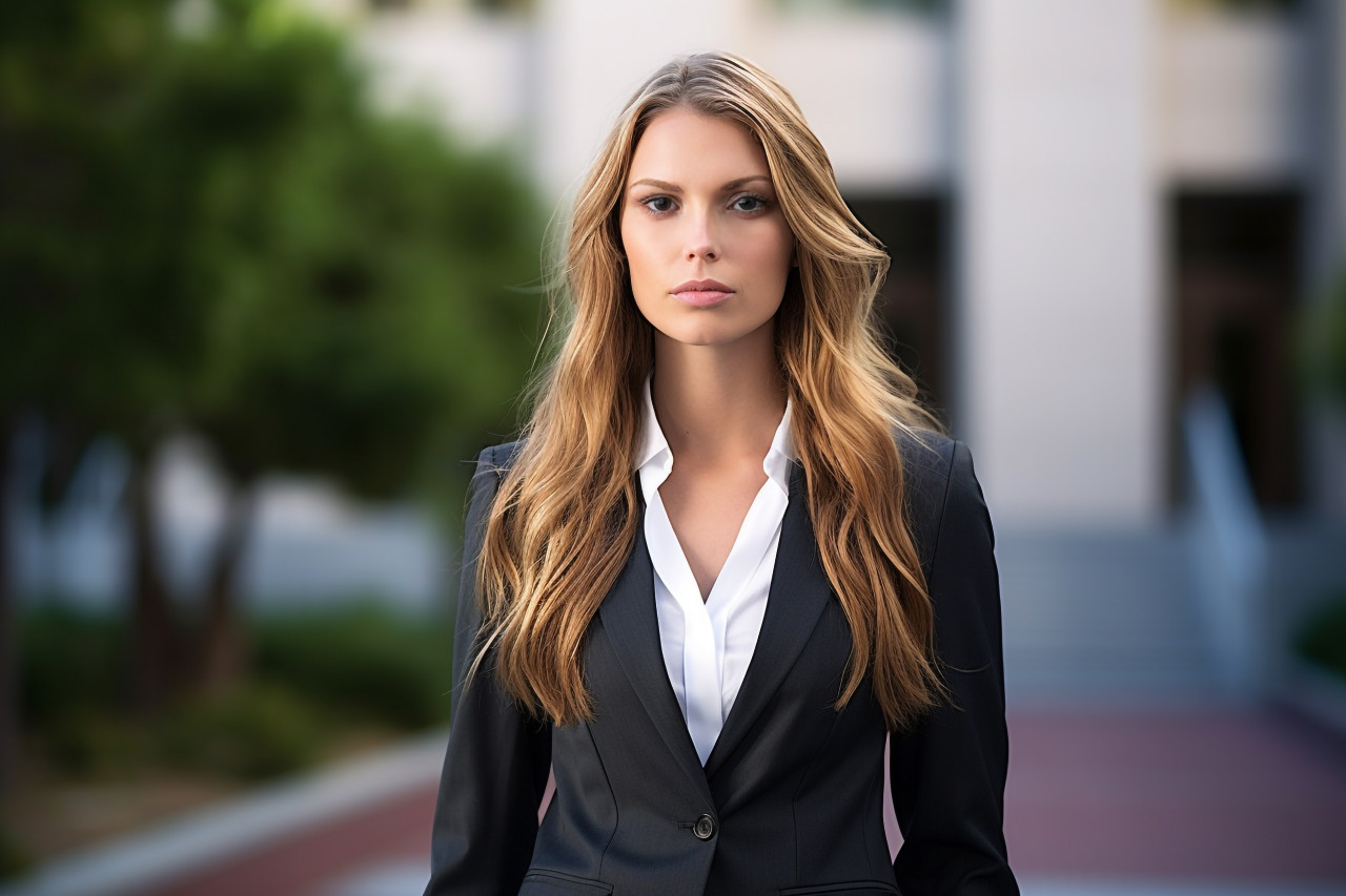 Woman lawyer stands before courthouse