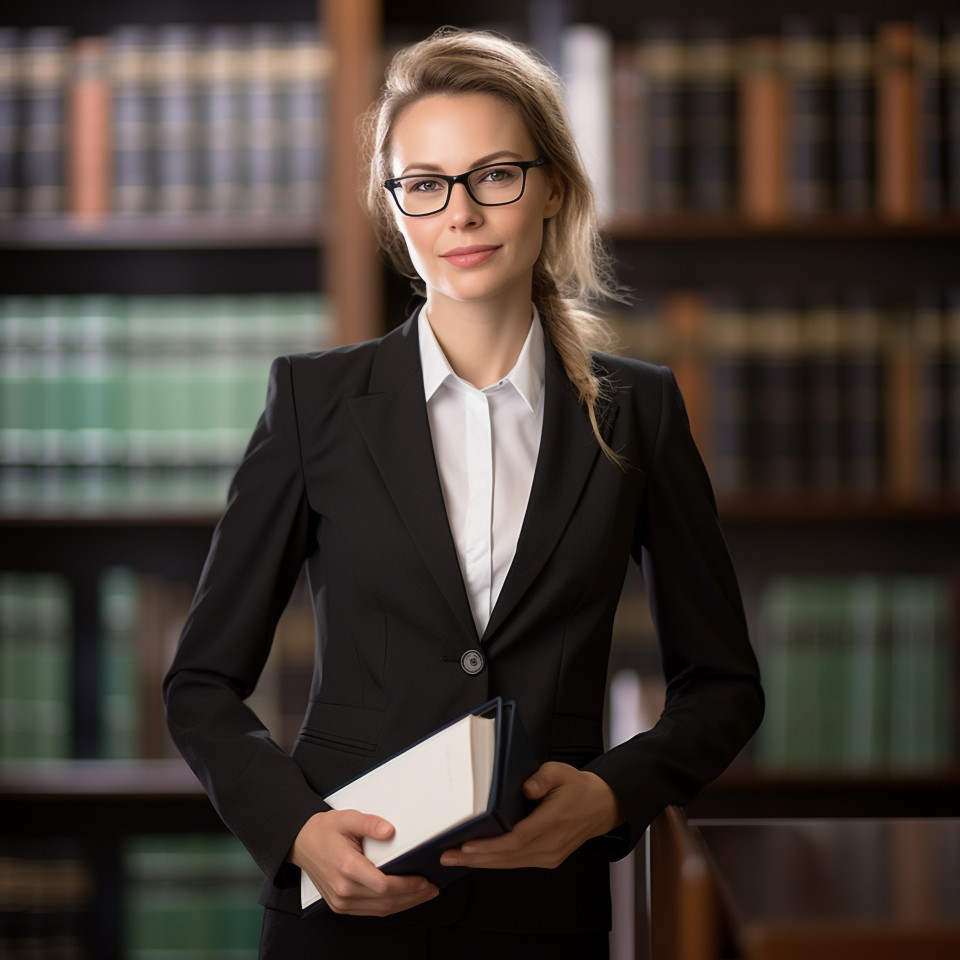 Empowered female attorney thriving in her legal career on blurred background