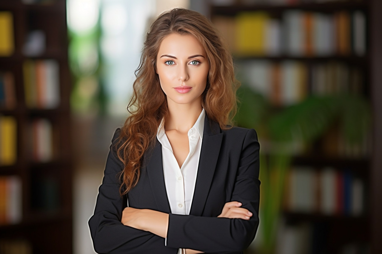 Skilled female legal secretary efficiently manages law office tasks on blurred background