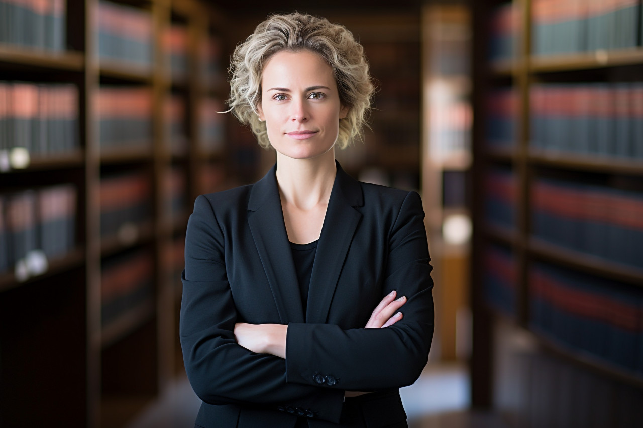 Empowered female attorney thriving in her legal career on blurred background