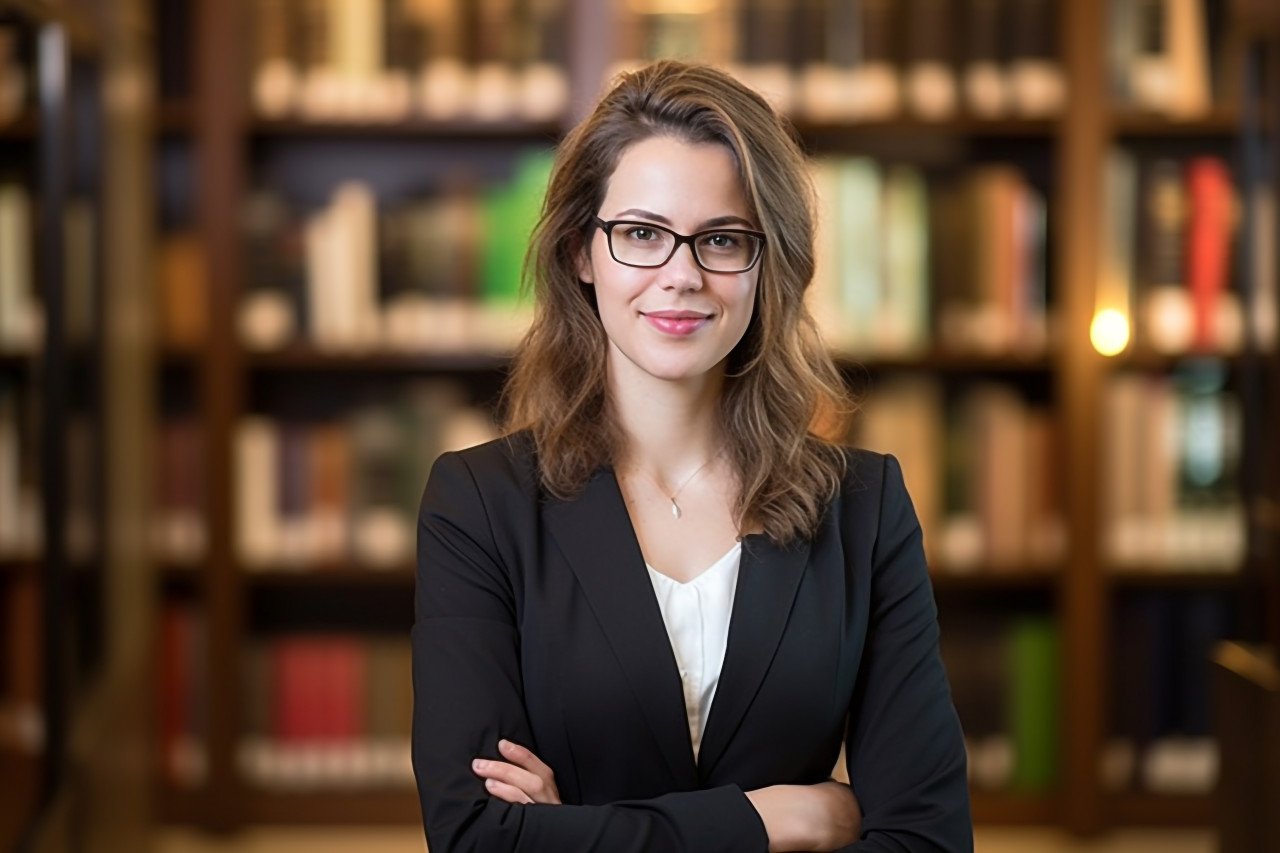 Skilled female legal secretary efficiently manages law office tasks on blurred background