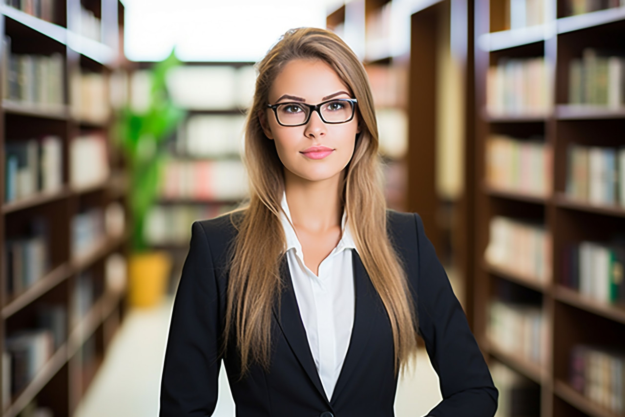 Skilled female legal secretary efficiently manages law office tasks on blurred background
