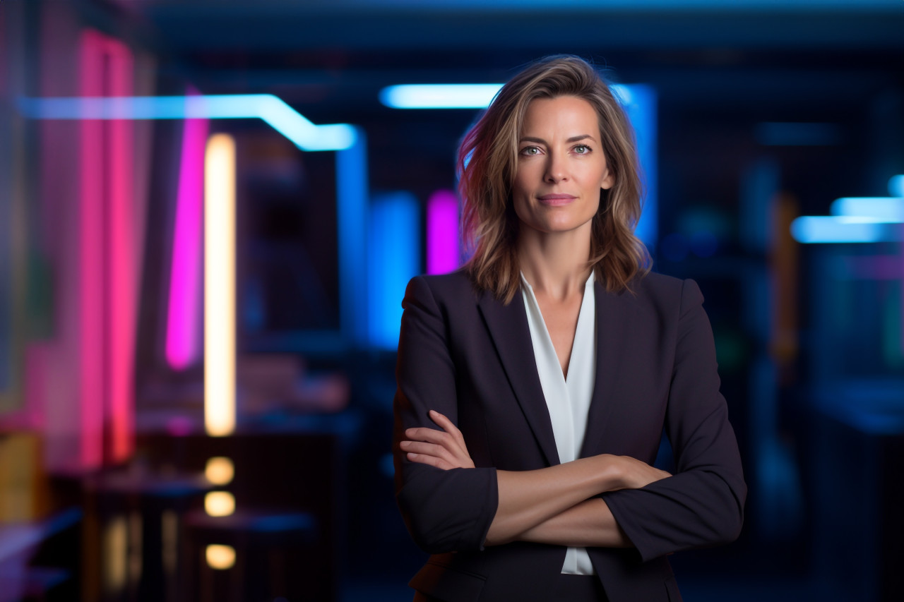 Empowered female attorney thriving in her legal career on blurred background