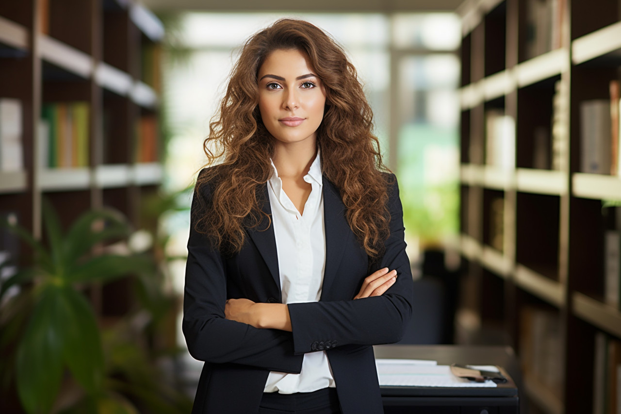 Skilled female legal secretary efficiently manages law office tasks on blurred background