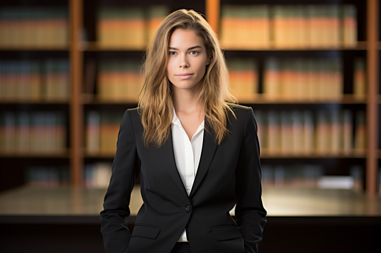 Empowered female attorney thriving in her legal career on blurred background