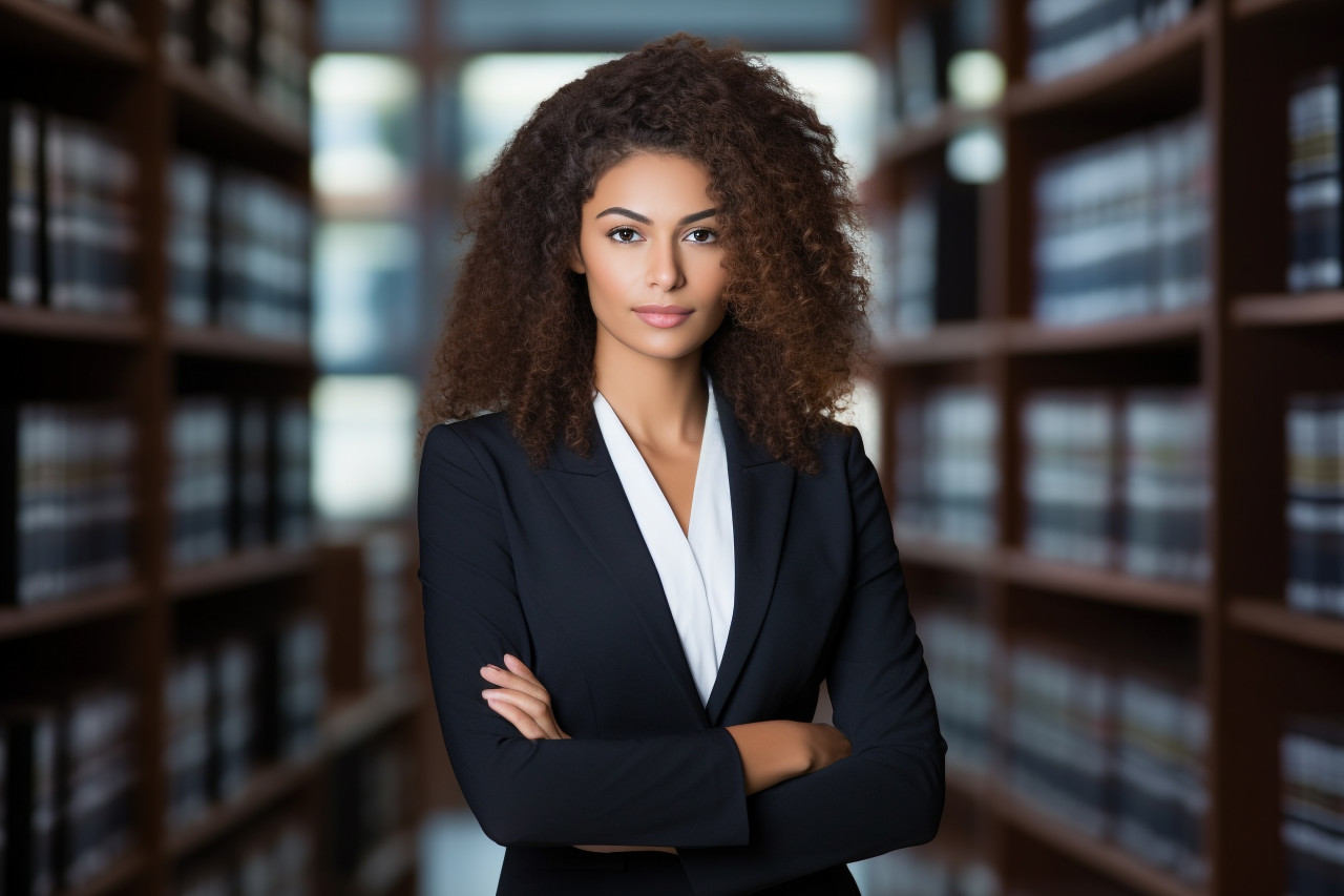 Empowered female attorney thriving in her legal career on blurred background