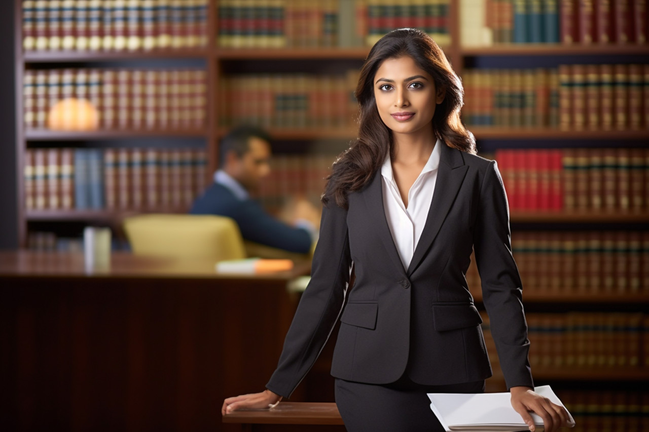 Skilled indian paralegal woman working with dedication on blurred background
