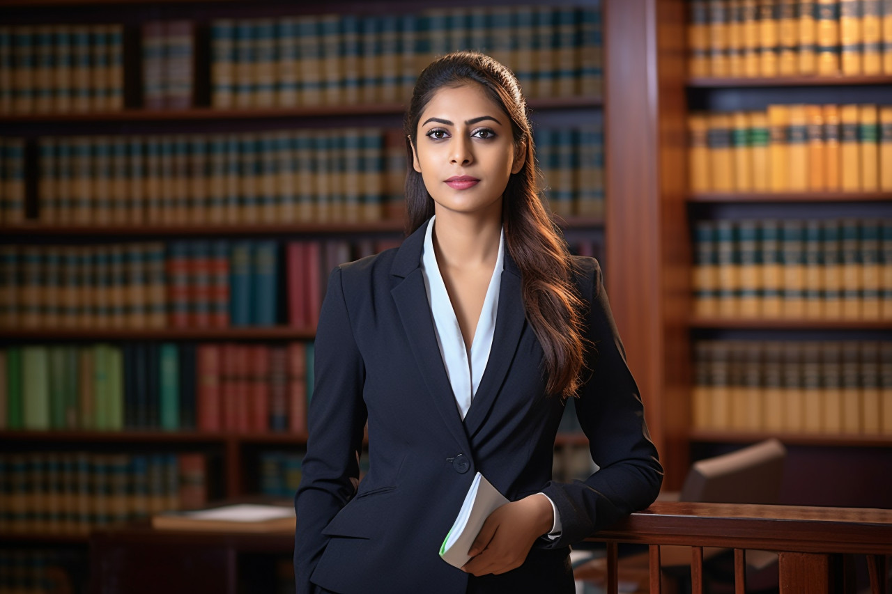 Skilled indian paralegal woman working with dedication on blurred background