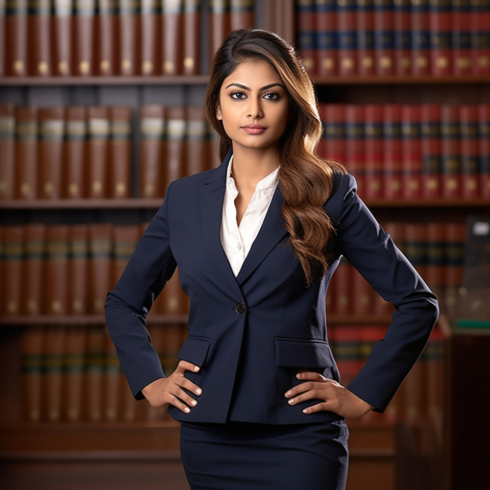 Skilled indian paralegal woman working with dedication on blurred background
