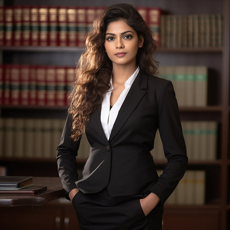 Empowered indian female attorney working diligently on blurred background