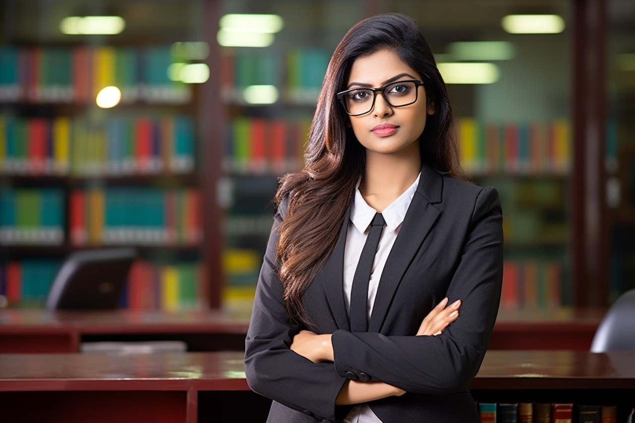 Skilled indian woman legal secretary efficiently manages legal tasks on blurred background