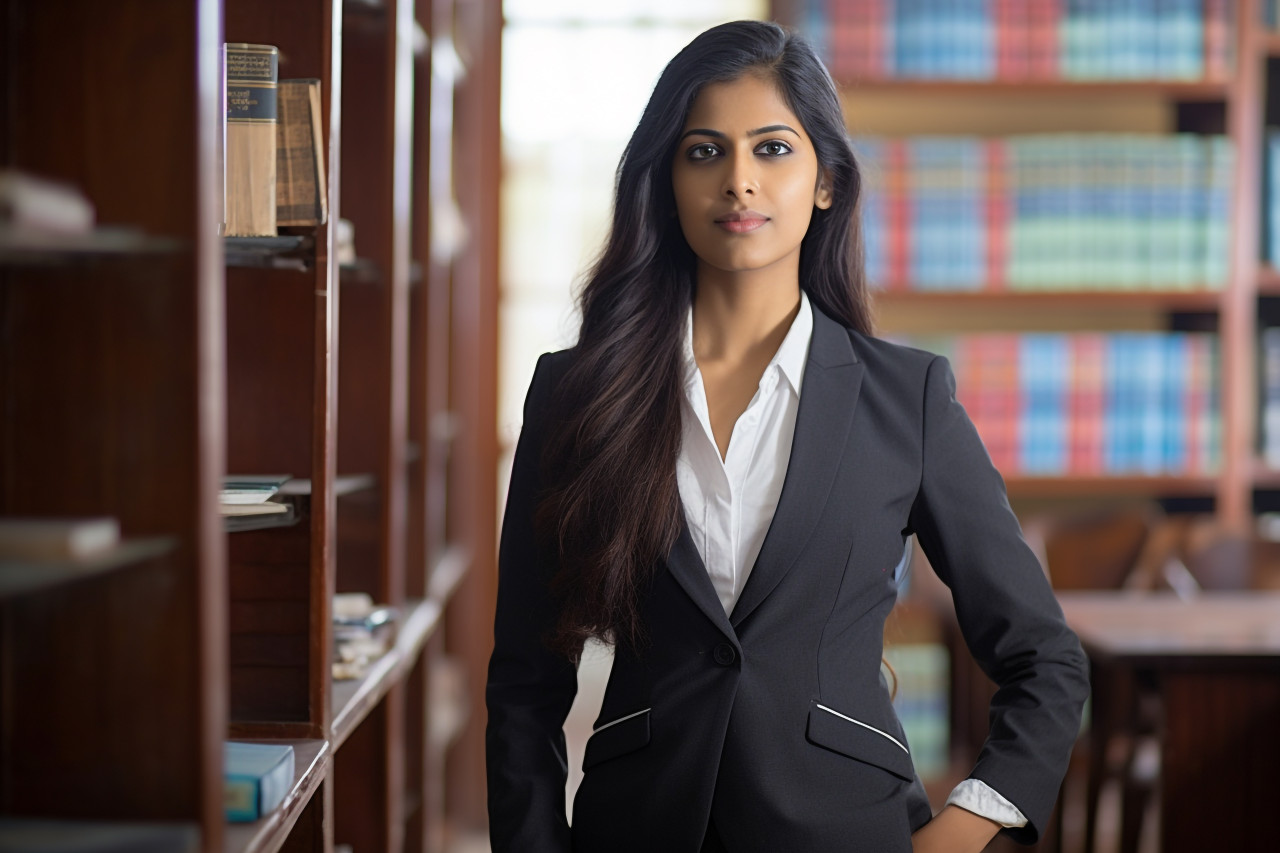 Skilled indian woman legal secretary efficiently manages legal tasks on blurred background