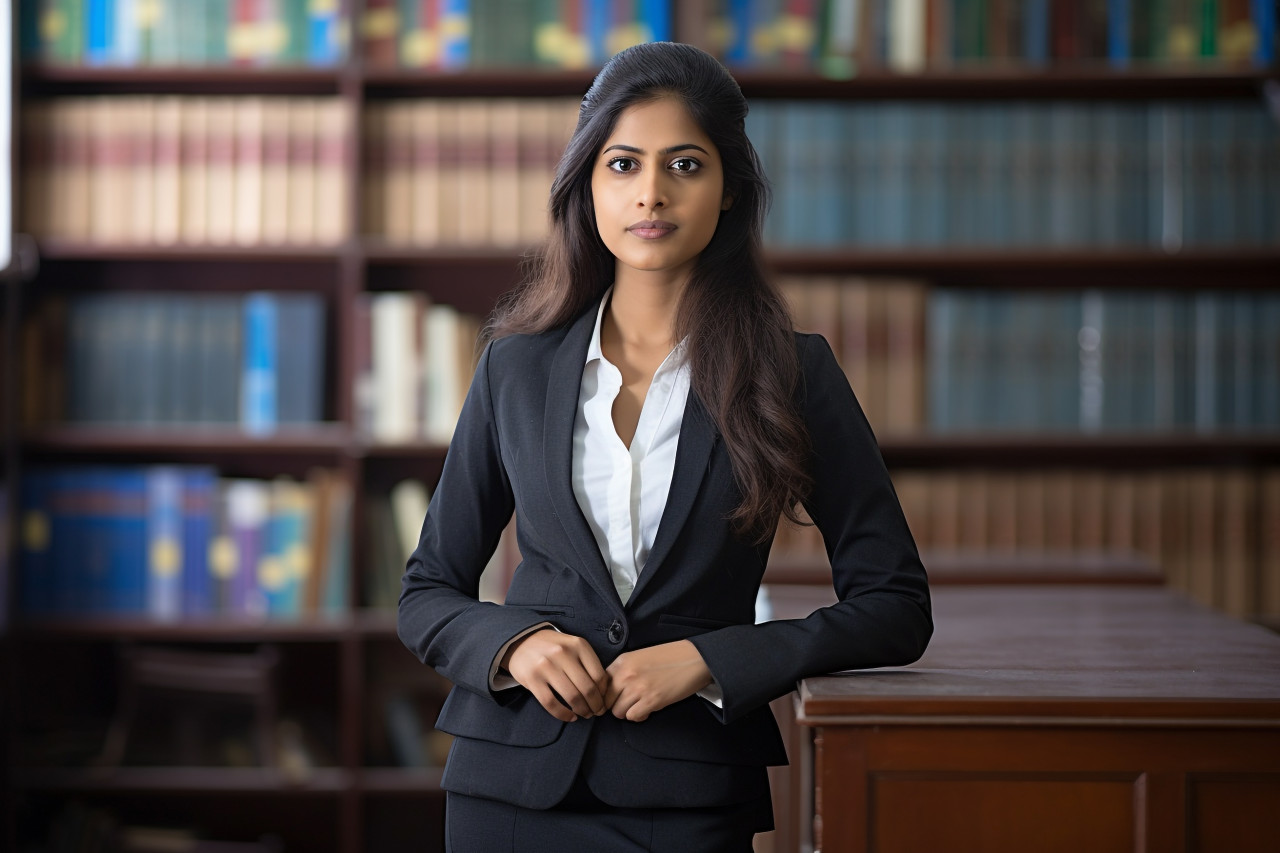 Skilled indian woman legal secretary efficiently manages legal tasks on blurred background