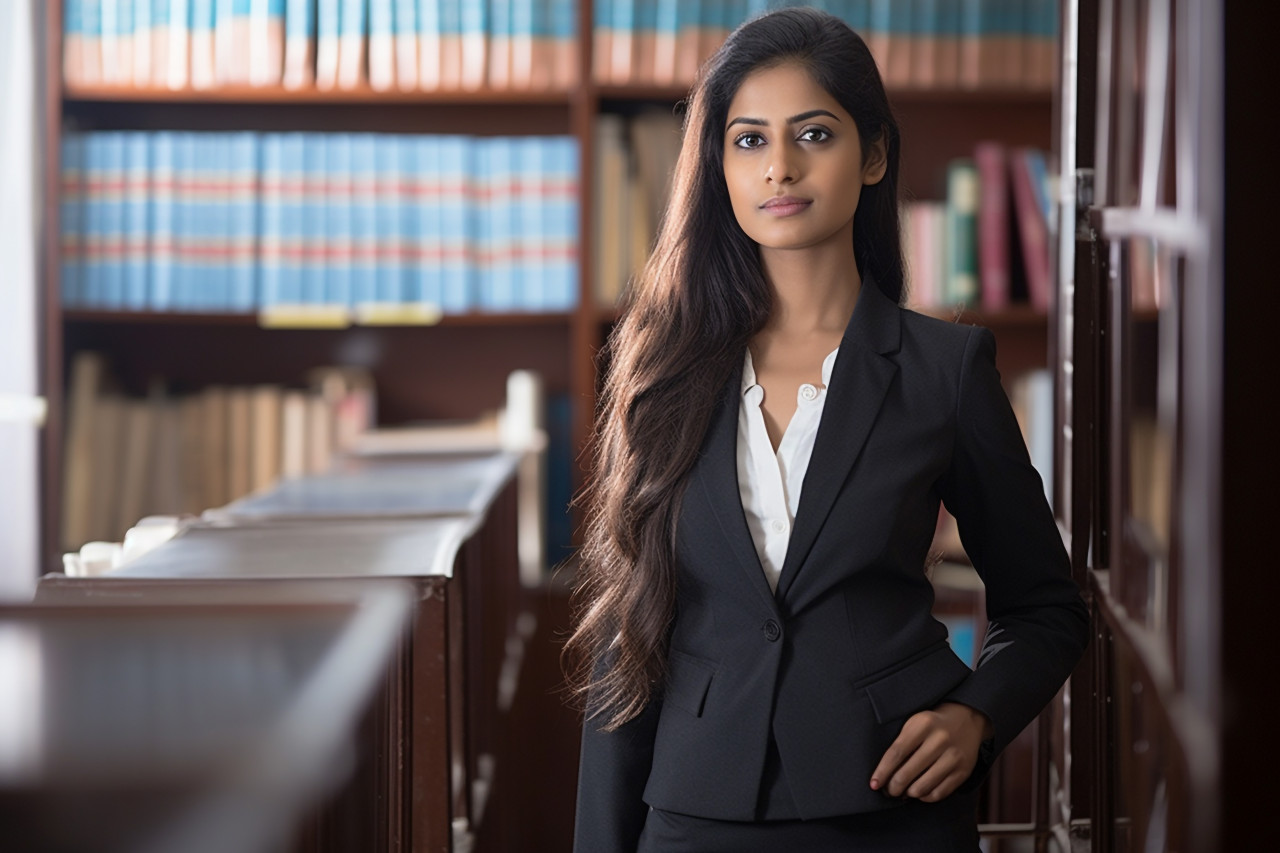 Skilled indian woman legal secretary efficiently manages legal tasks on blurred background