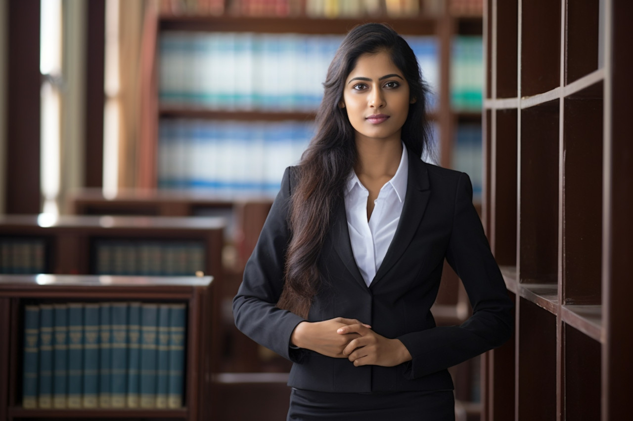Skilled indian woman legal secretary efficiently manages legal tasks on blurred background