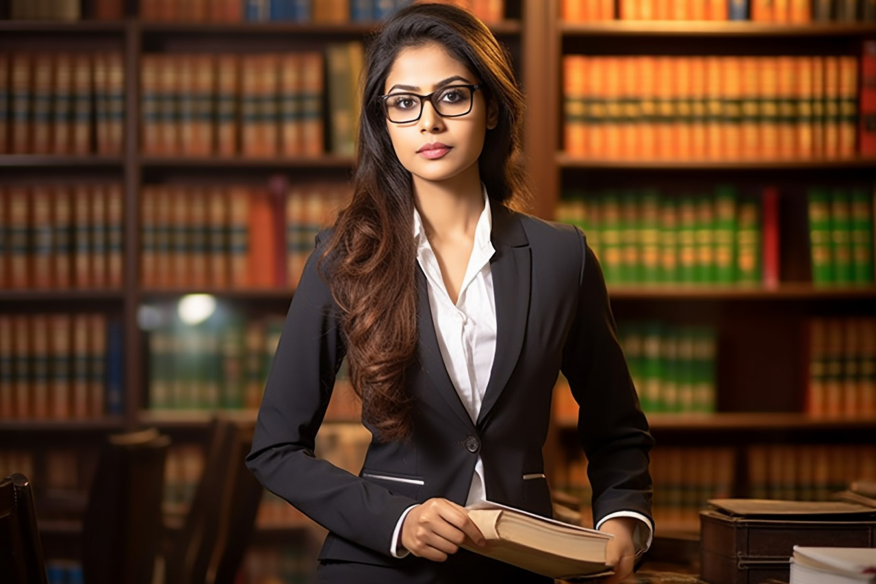 Skilled indian woman legal secretary efficiently manages legal tasks on blurred background