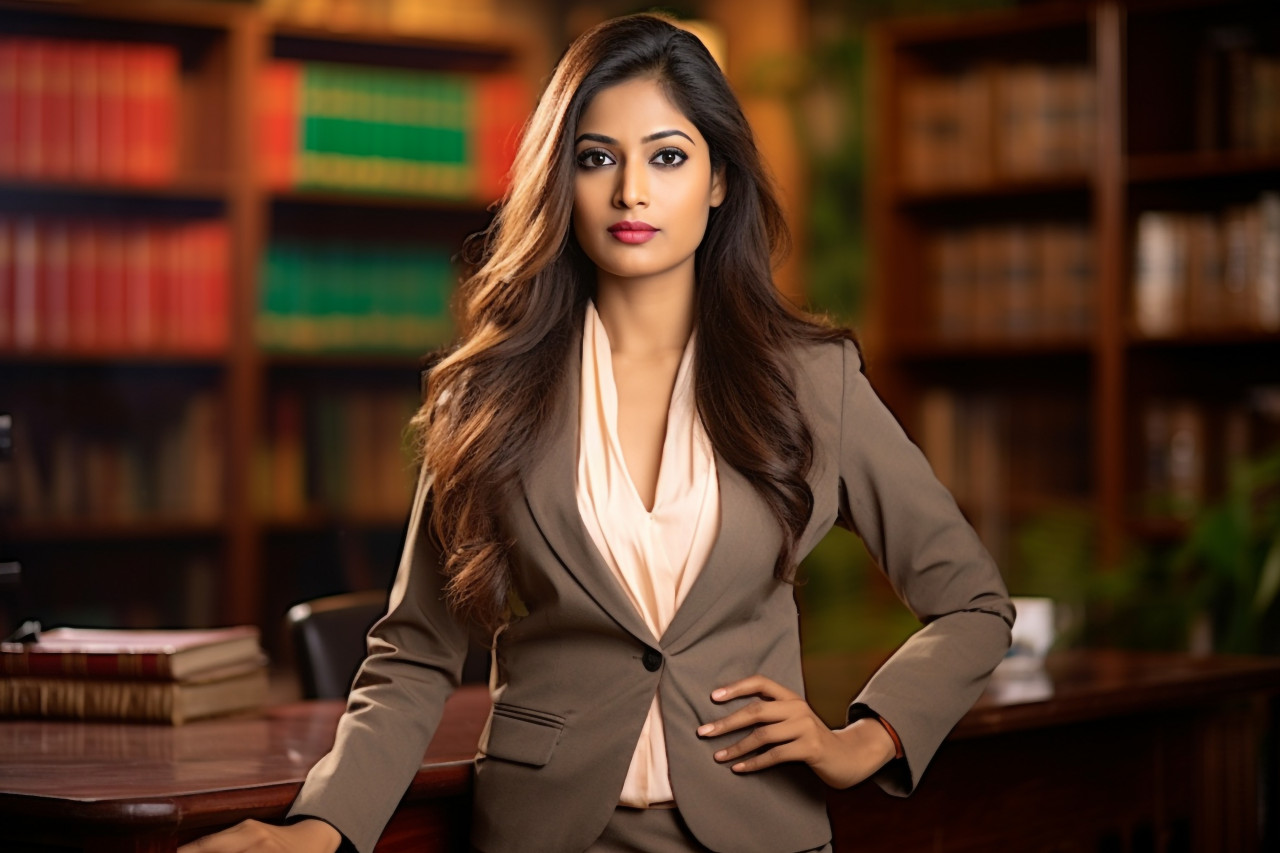 Skilled indian woman legal secretary efficiently manages legal tasks on blurred background