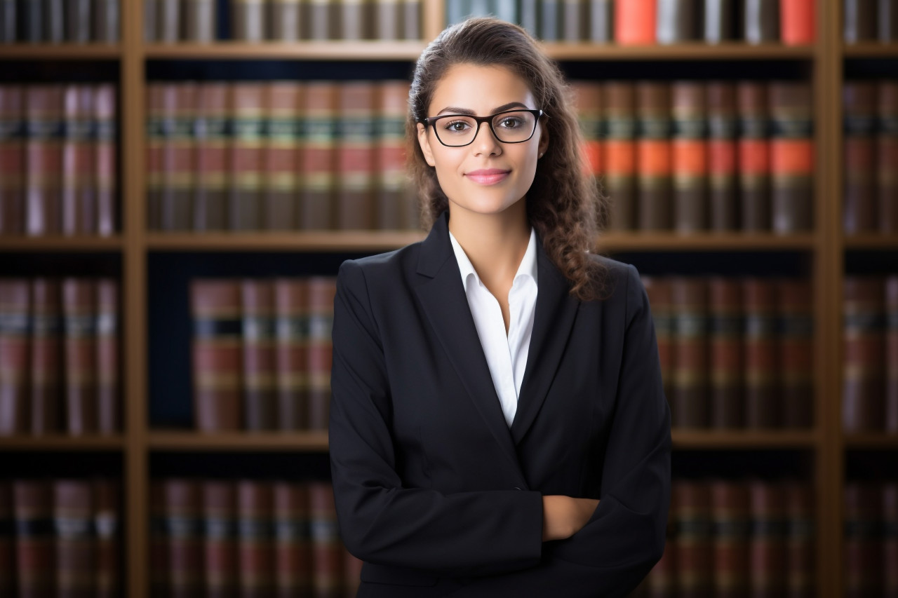 Skilled female legal assistant efficiently tackles tasks on blurred background