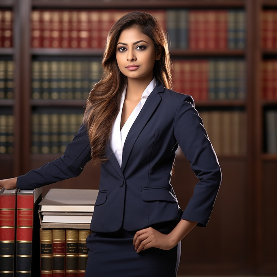 Skilled indian paralegal woman working with dedication on blurred background