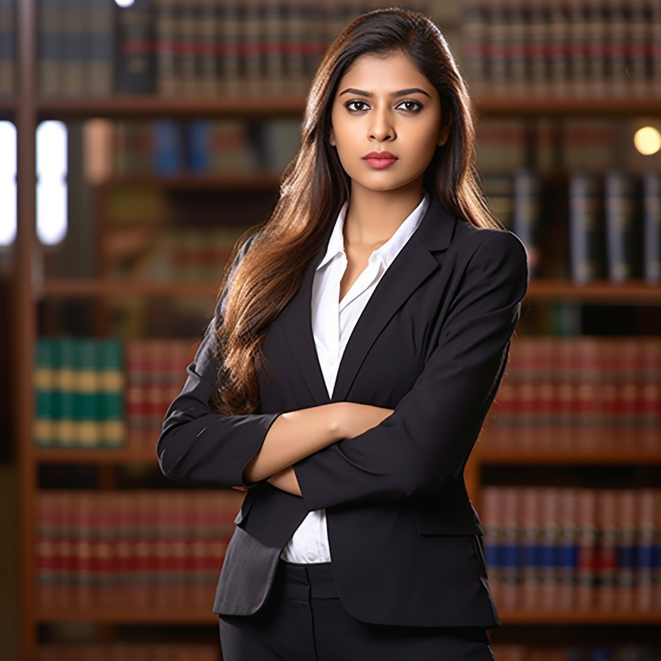 Skilled indian paralegal woman working with dedication on blurred background