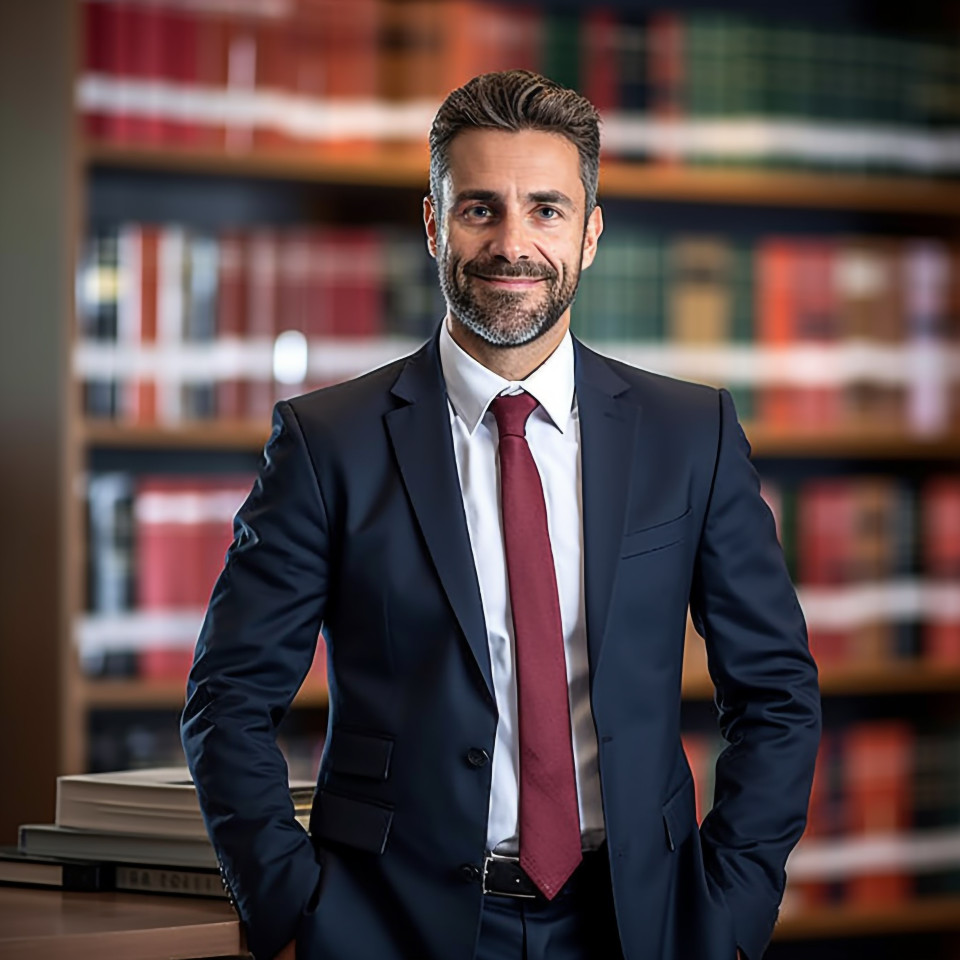 Assured male attorney handling legal matters on blurred background