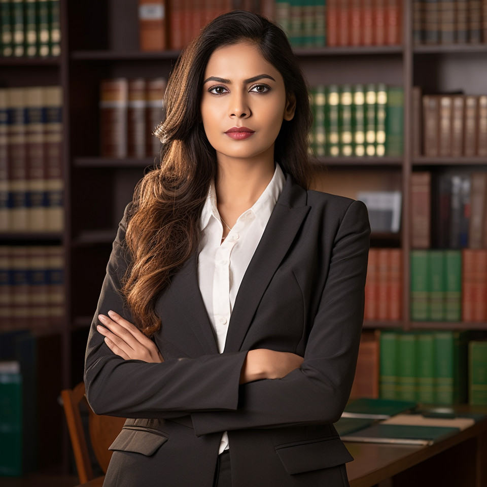 Empowered indian female attorney working diligently on blurred background