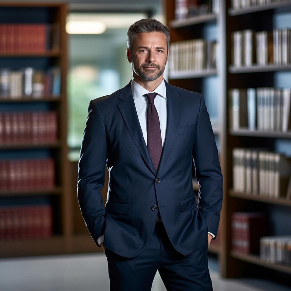 Assured male attorney handling legal matters on blurred background