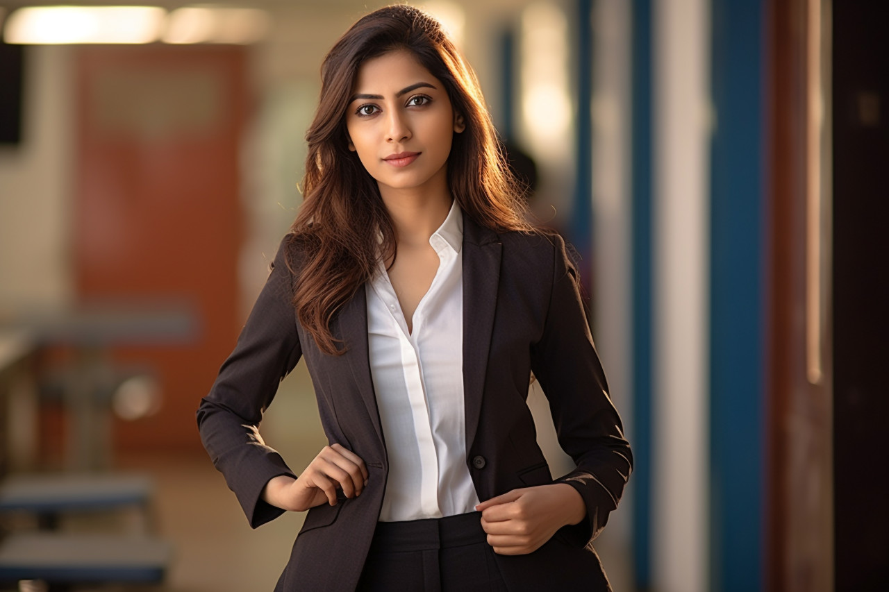 Empowered indian female attorney working diligently on blurred background