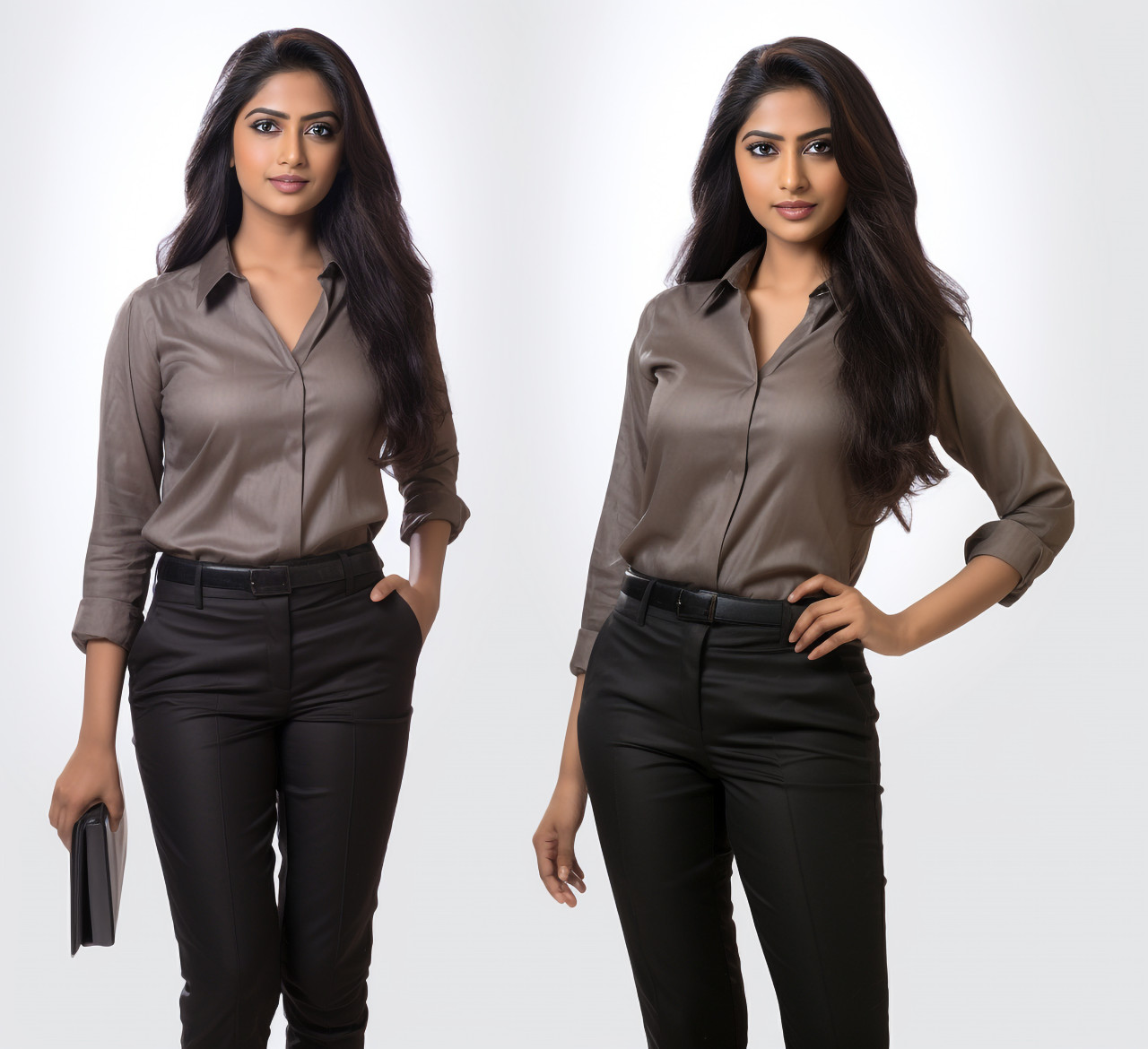 Smiling indian female legal professional stands isolated on white background