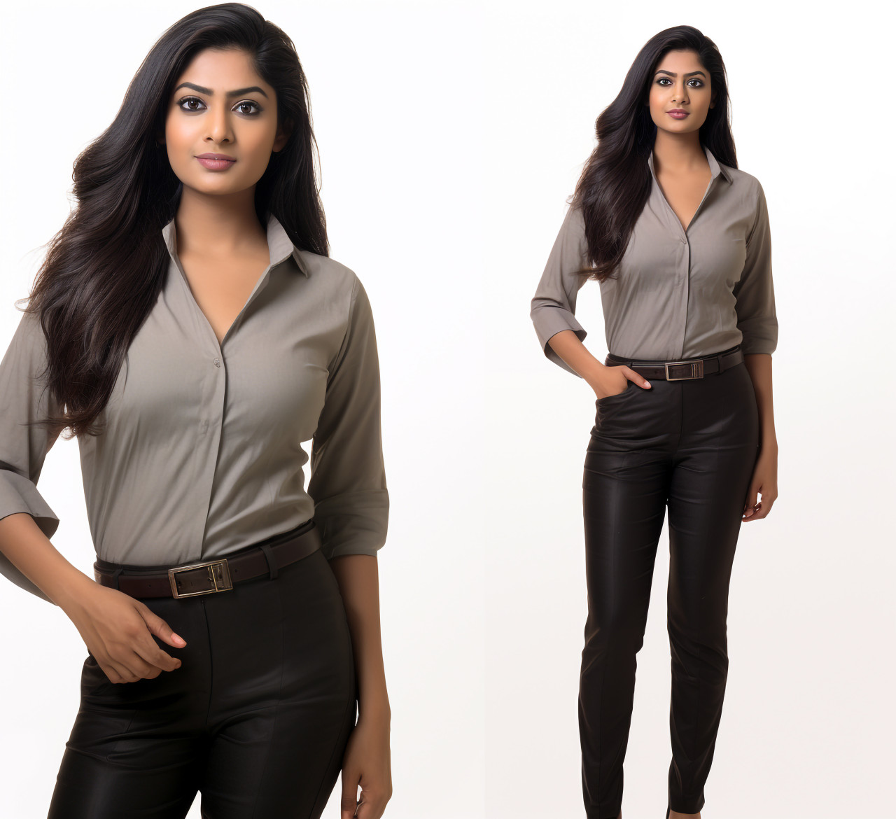 Smiling indian female legal professional stands isolated on white background